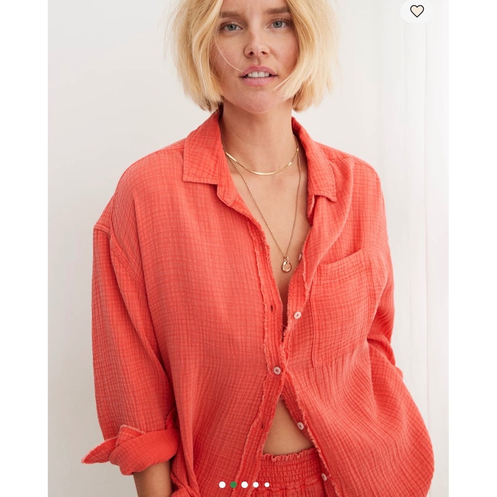 Aerie Gauzy Cotton Coverup Shirt Button Down Oversized Resort‎ Red Beachy Sz XS